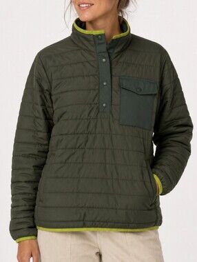 Lands' End Quilted Snap Neck Pullover Jacket Olive Green Small